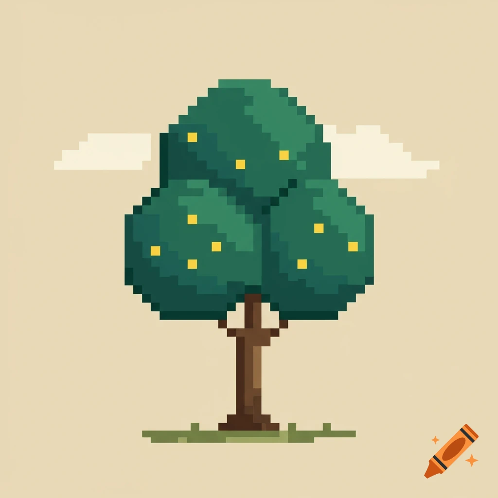 A stylized pixel art tree with a green, rounded canopy and a brown trunk, against a light beige background with two white pixel clouds.