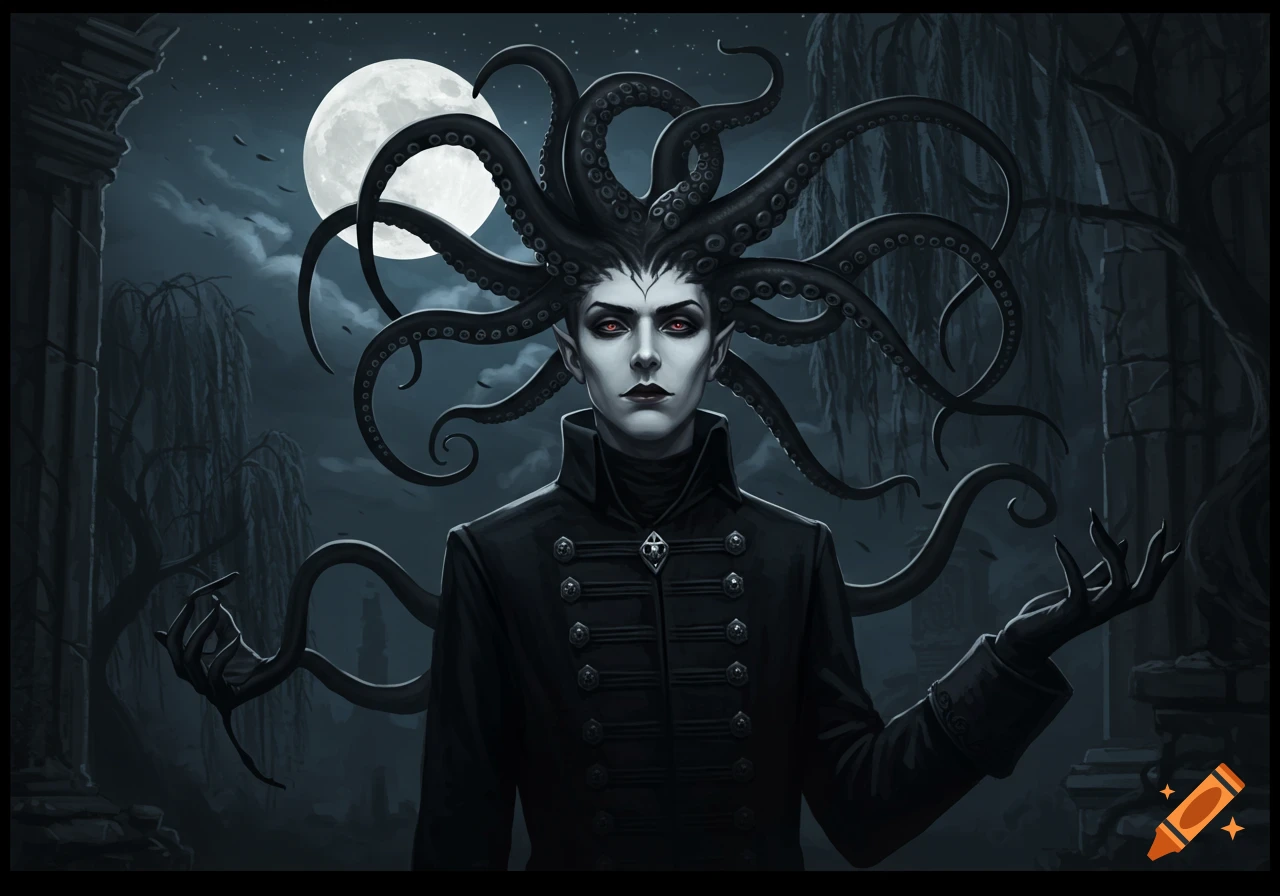 A gothic man with pale skin, red eyes, and black tentacles for hair stands in a dark, moonlit landscape.