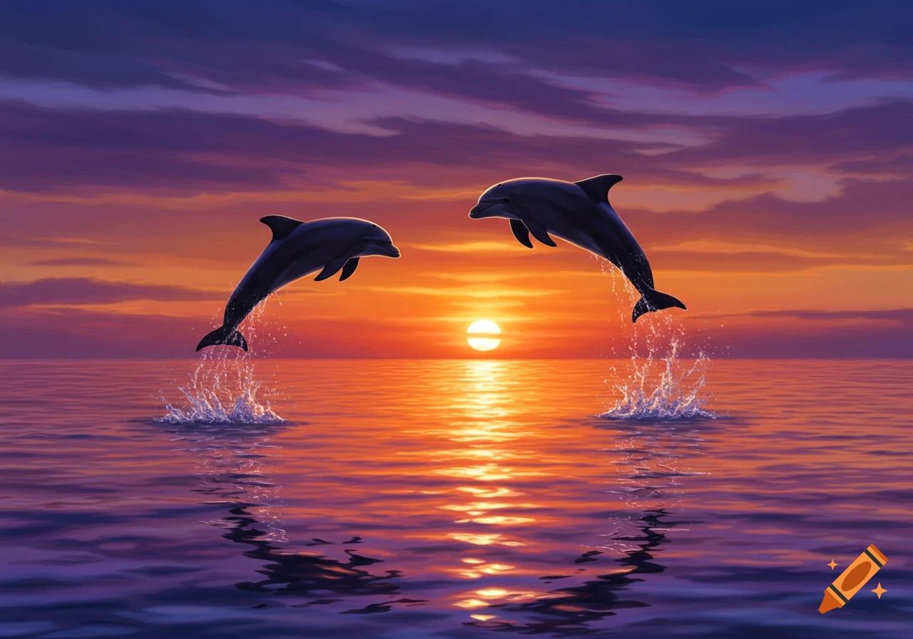 Two dolphins leap from the ocean with splashes, silhouetted against a vibrant orange and purple sunset.