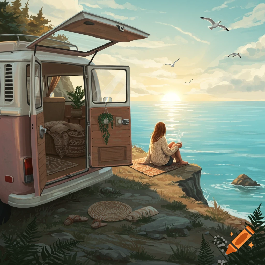 An illustration of a woman sitting on a cliff by a camper van, watching the sunrise over the ocean.
