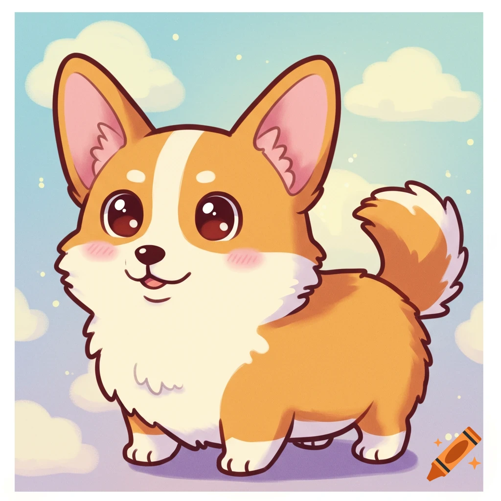 A cute cartoon corgi with a happy expression, rosy cheeks, and big eyes, set against a blue sky with fluffy clouds.