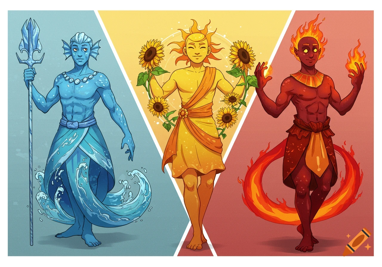 Three elemental characters: a blue water god with a trident, a yellow sun god with sunflowers, and a red fire god with flames. Colorful illustration.