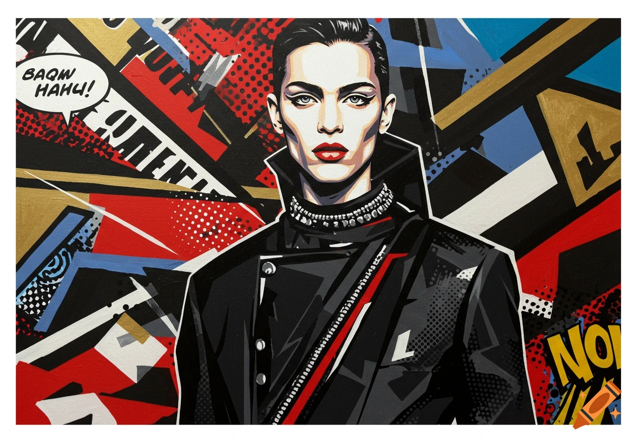 A stylized pop art portrait of a person in a black jacket and studded choker, against a chaotic red, black, gold, and blue background with abstract text.
