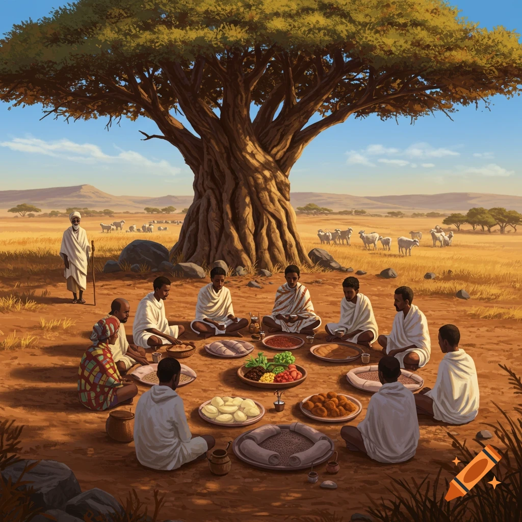 Illustrative scene: People in traditional attire share food and coffee under a large tree in an African landscape with goats.