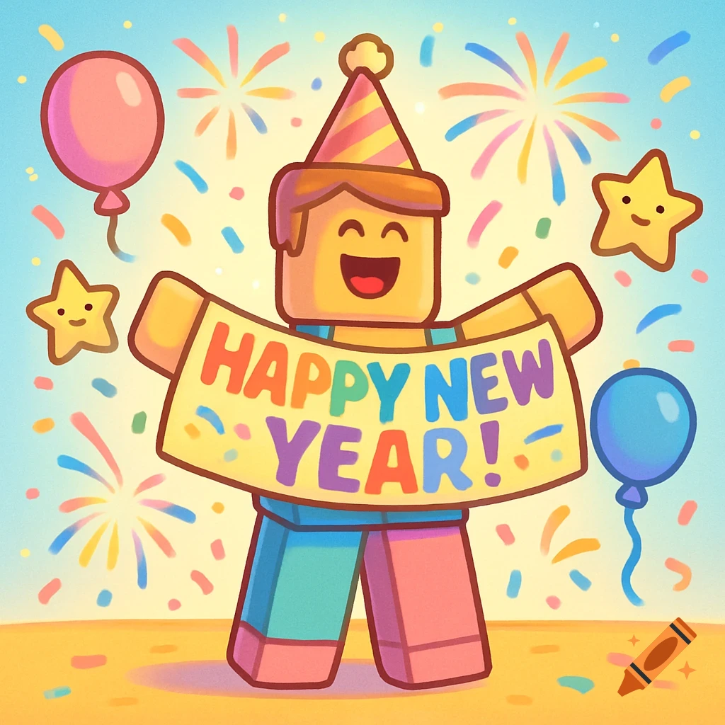 A happy Roblox-style character in a party hat holds a 'HAPPY NEW YEAR!' banner amidst colorful balloons, confetti, and fireworks.