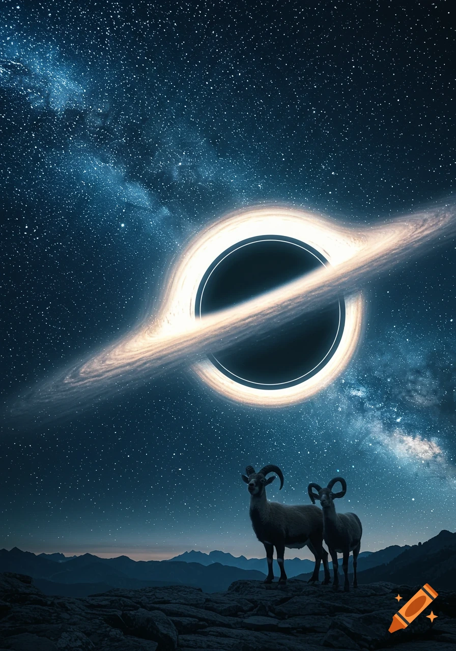 Two goats stand on a rocky mountain under a starry night sky with a black hole and a swirling galaxy in the background.