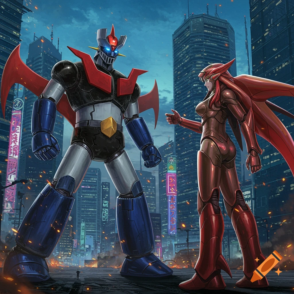 Mazinger Z and Aphrodite A, two giant robots, stand in a cyberpunk cityscape at dusk with neon lights and debris.