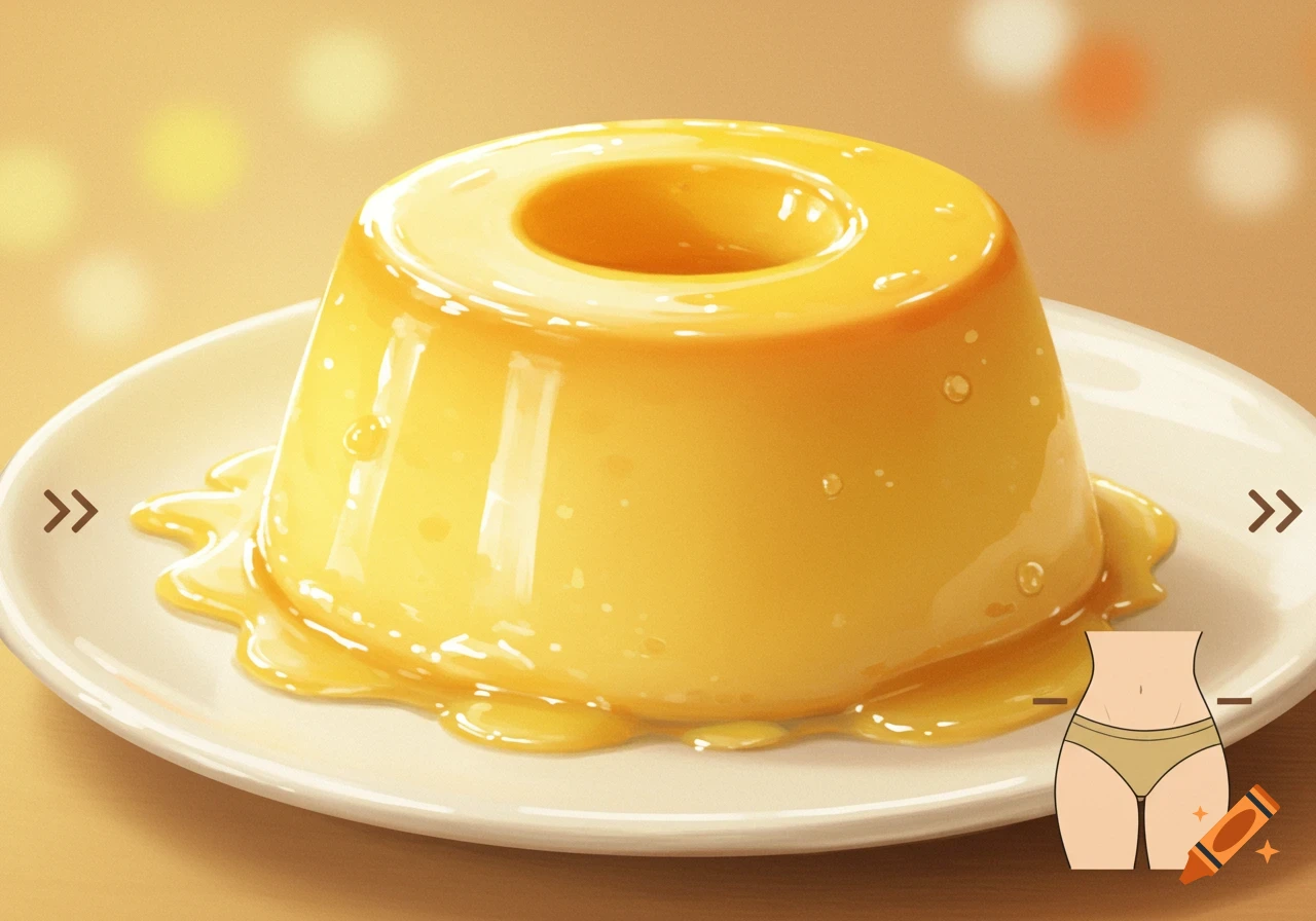 A close-up of a glossy yellow pudding with caramel sauce on a white plate, next to a stylized diagram of a slim waist with arrows pointing to it.