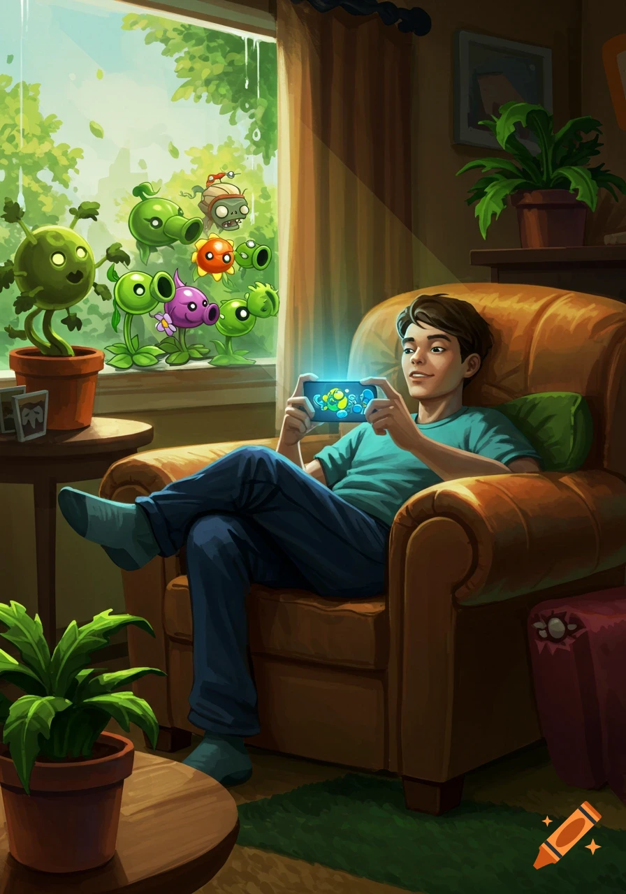 A smiling boy in a blue shirt and jeans sits in a brown armchair, playing a video game on his phone. Cartoon plants and a zombie are visible outside a sunlit window.
