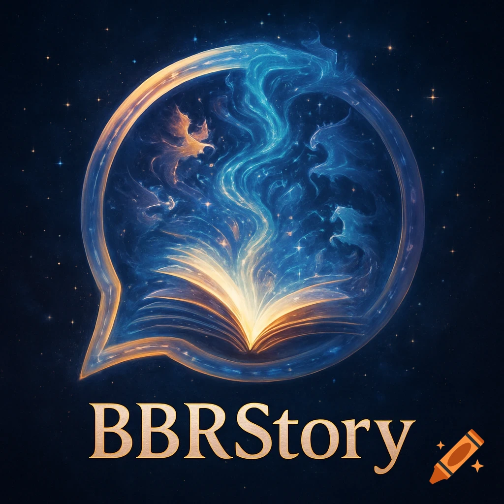 A magical glowing open book inside a speech bubble against a starry sky, with the text BBRStory below.