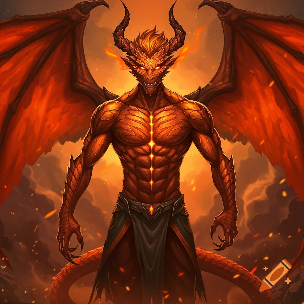 Muscular, orange-scaled dragon creature with large wings, horns, glowing eyes, and sharp teeth standing in a fiery landscape.
