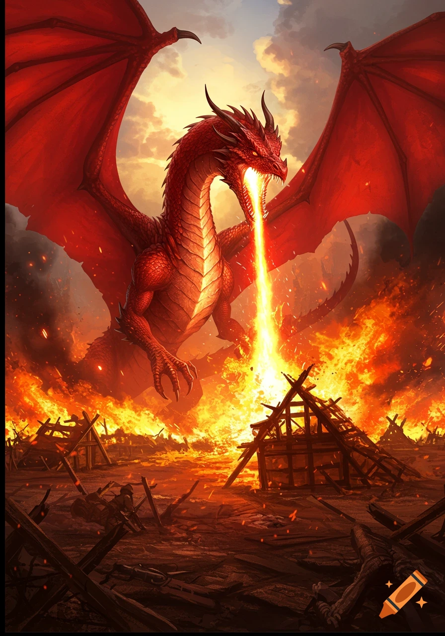 A massive red dragon with large wings breathes a column of fire onto burning wooden structures on a scorched battlefield under a dramatic sky.