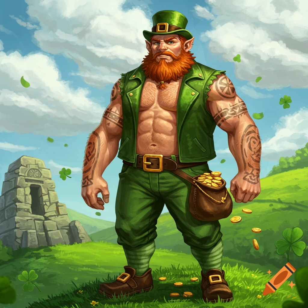 Muscular, tattooed, red-bearded leprechaun in a green vest and pants, holding a bag of gold in a grassy field with clovers and a stone ruin.