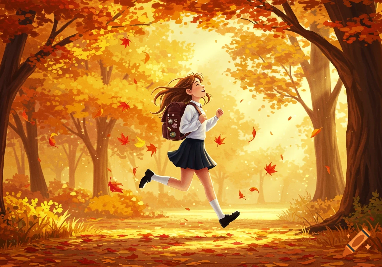 A happy schoolgirl with a backpack runs through an autumn forest with falling golden leaves in an animated style.