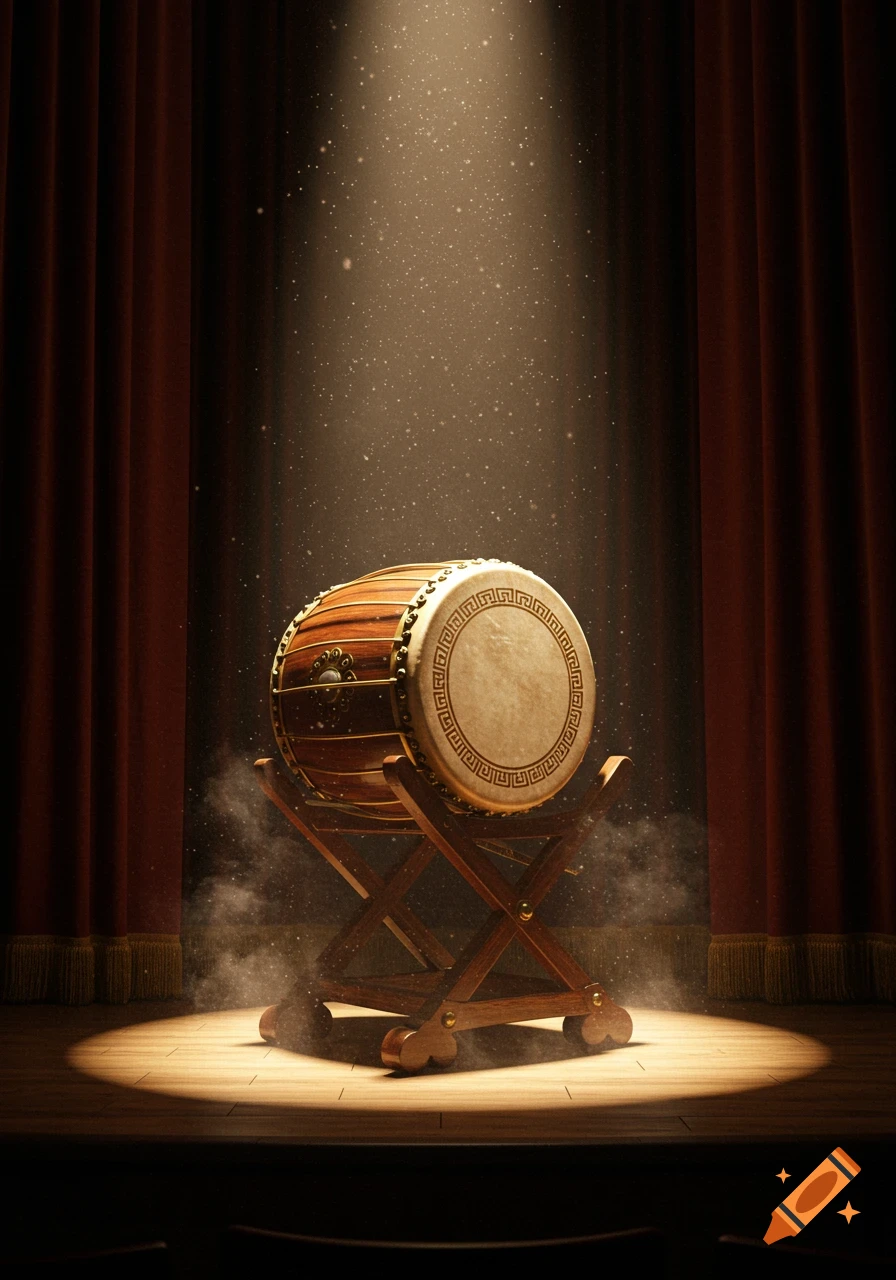 A large ornate drum on a stand under a dramatic spotlight on a wooden stage with red curtains.