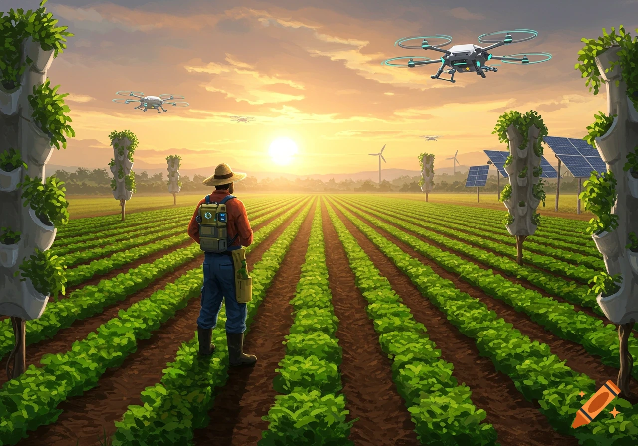 A farmer surveys a futuristic farm at sunset, with drones, vertical crops, solar panels, and wind turbines.