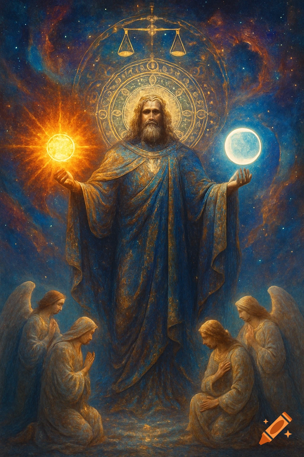 A divine figure with a beard holds the sun and moon, surrounded by kneeling angels under cosmic scales of justice in a painterly style.