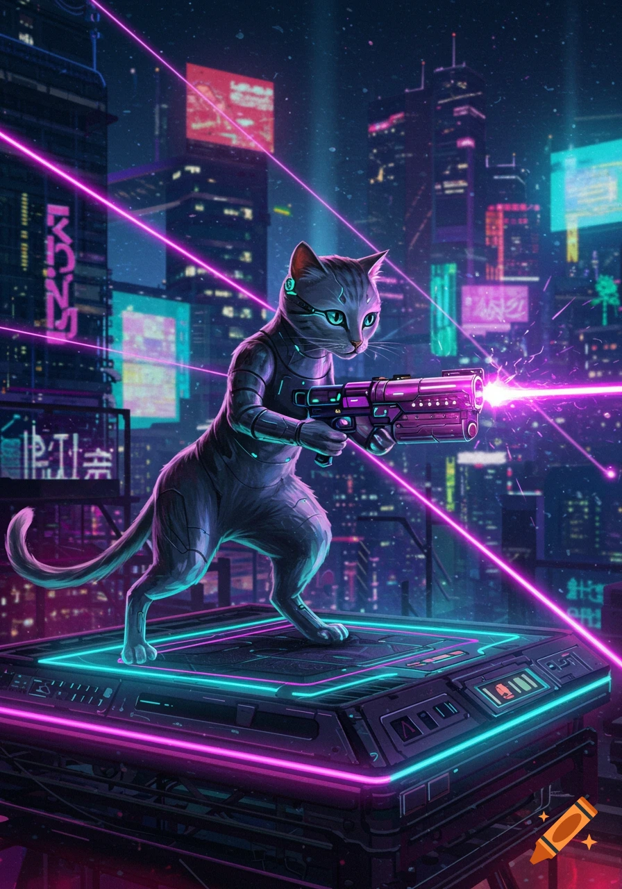 A grey cat with glowing blue eyes, depicted with robotic elements, holds a purple laser blaster in a neon-lit cyberpunk city at night.