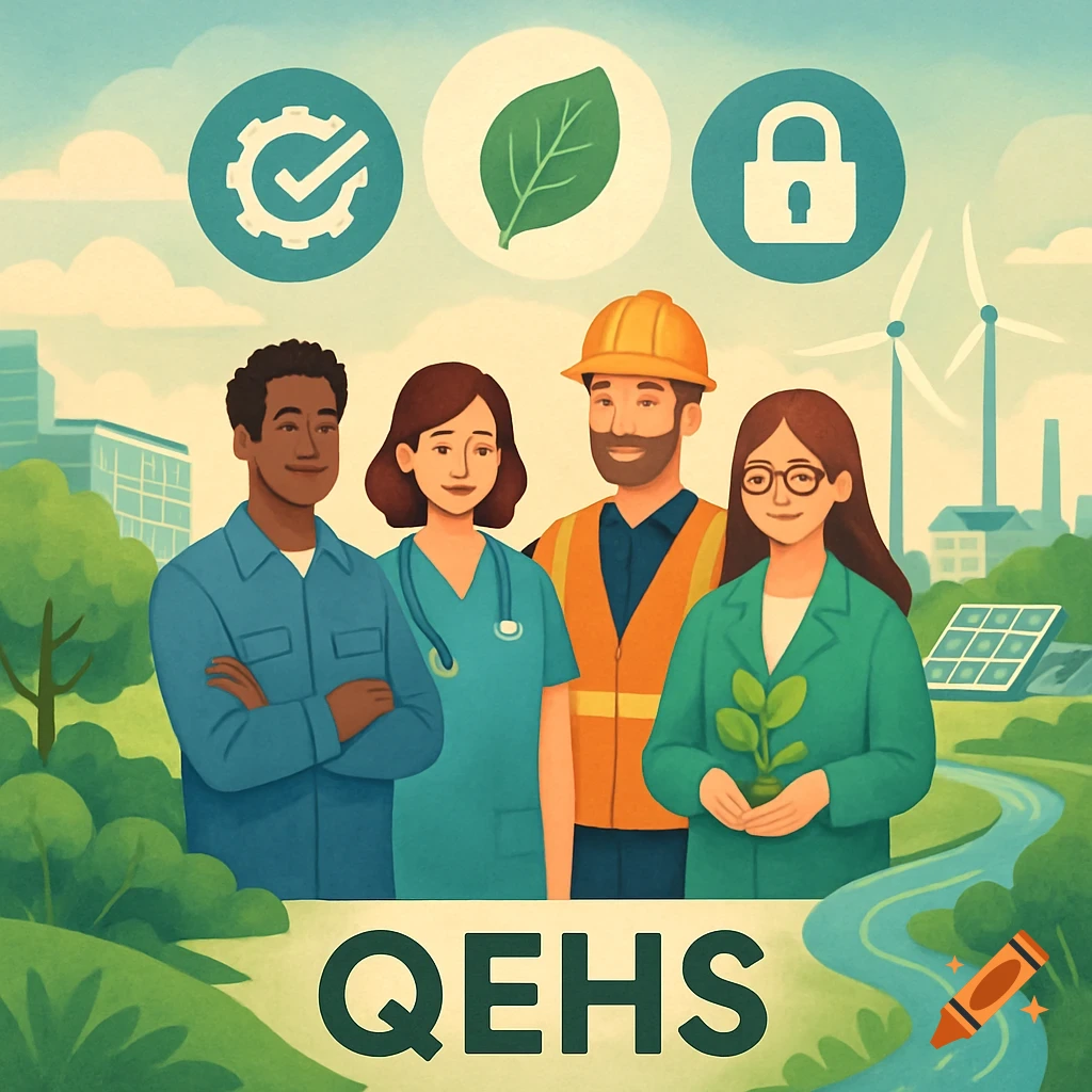 Illustrated group of diverse professionals in front of an eco-friendly landscape, with 'QEHS' text.
