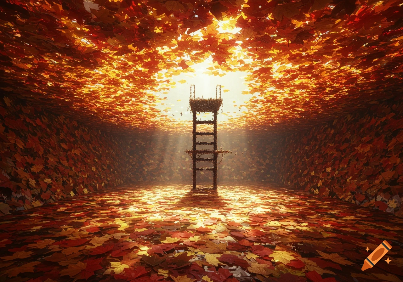 A vibrant, surreal indoor scene filled with countless orange and red autumn leaves, forming a pool. A ladder-like structure with a top platform stands in the center, bathed in light from an unseen source above.