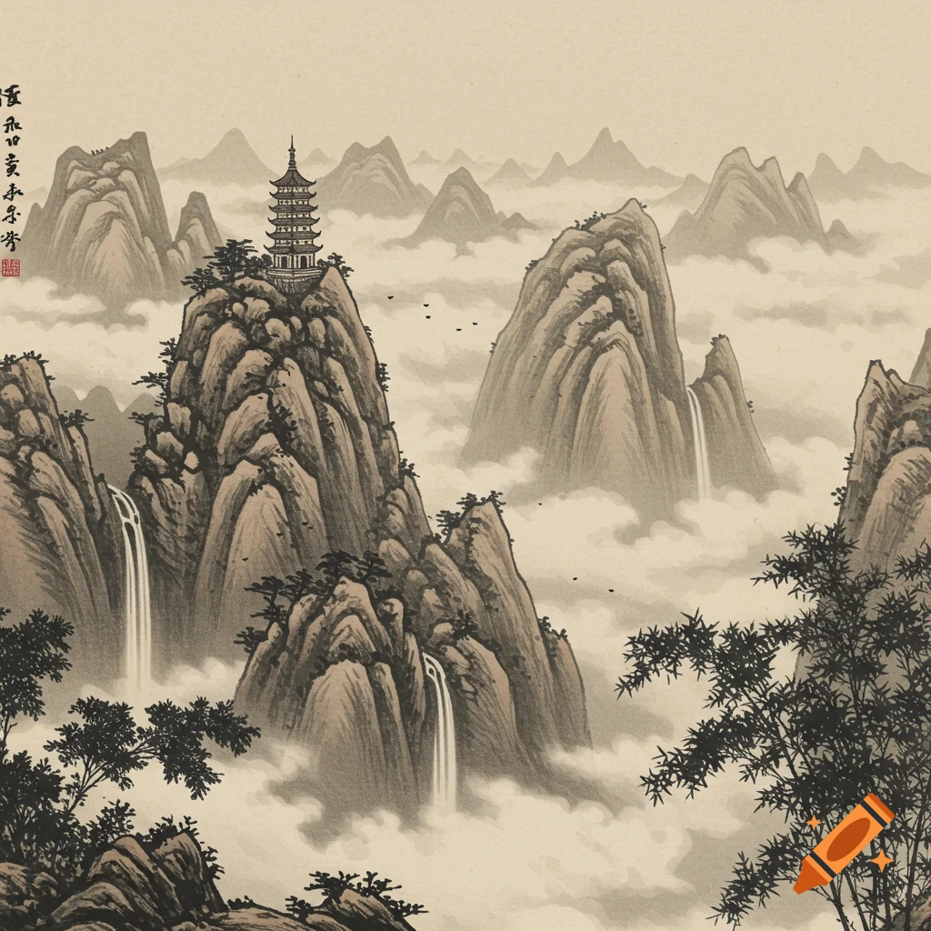 Traditional Chinese ink wash painting of misty mountains, waterfalls, a pagoda, and bamboo.