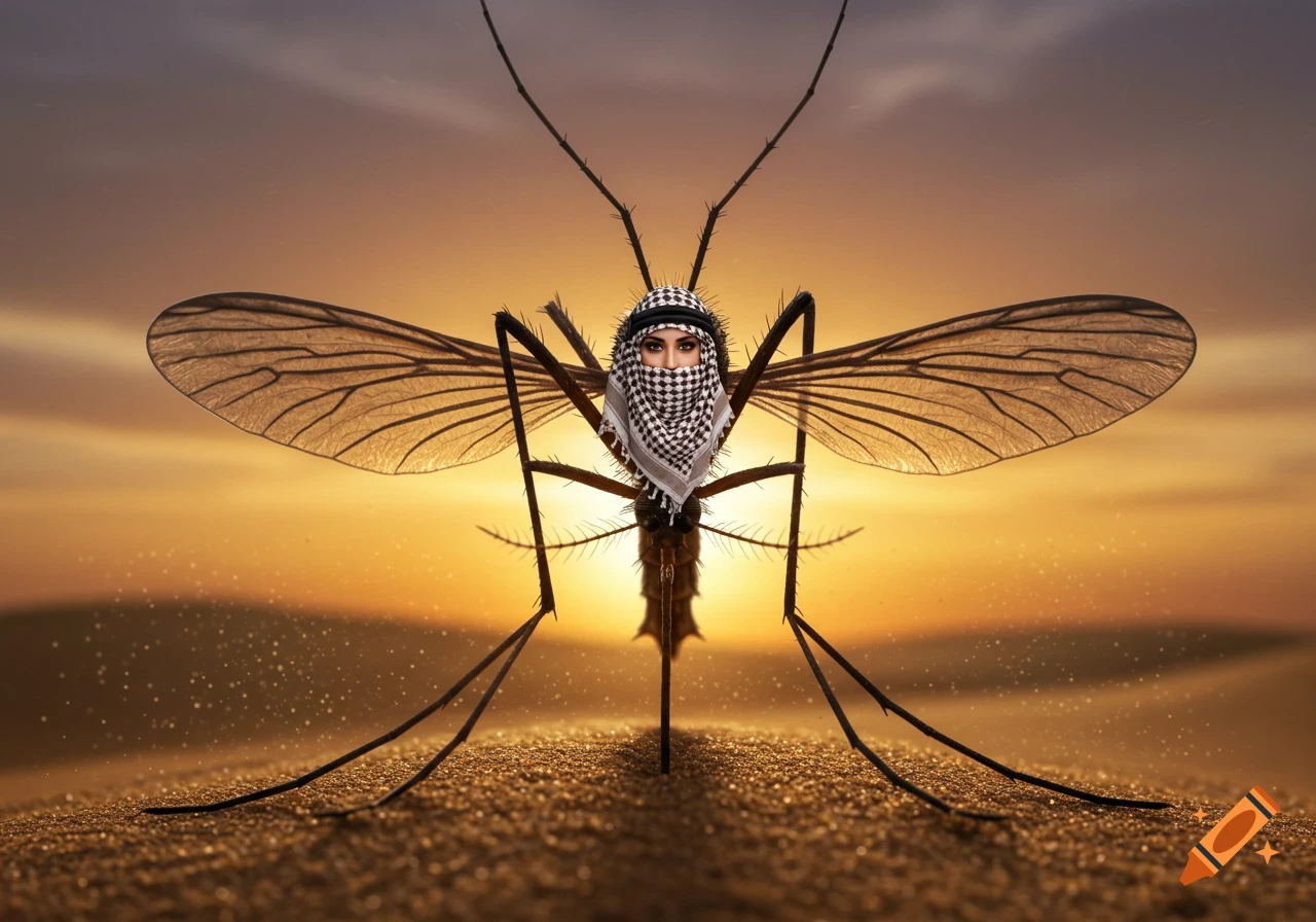 A photorealistic image of a mosquito with a human face wearing a keffiyeh, standing on desert sand at sunset.