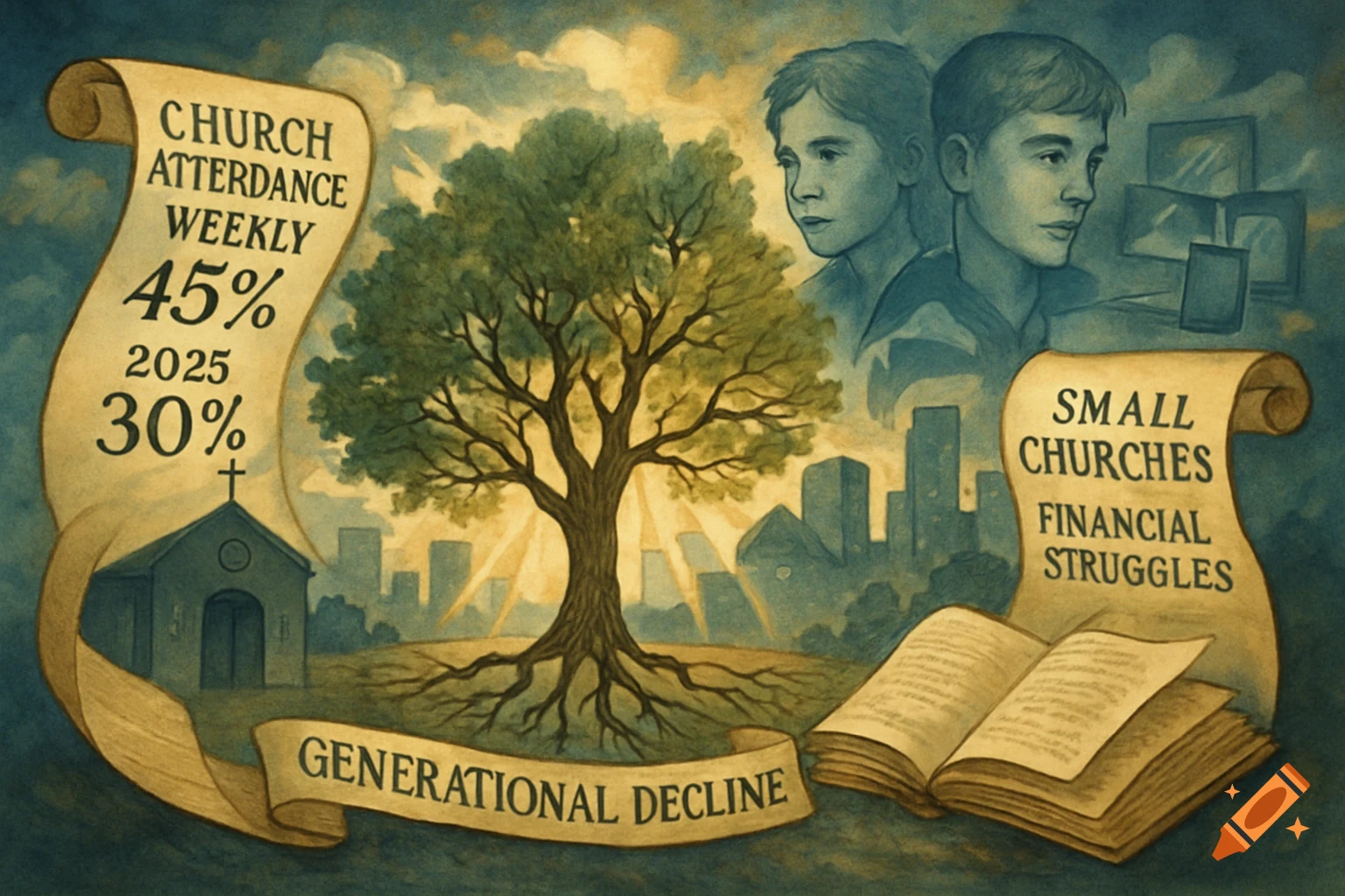 An allegorical watercolor painting depicting generational decline in church attendance, featuring scrolls with statistics, a tree, a small church, cityscape, youth figures, and an open book.