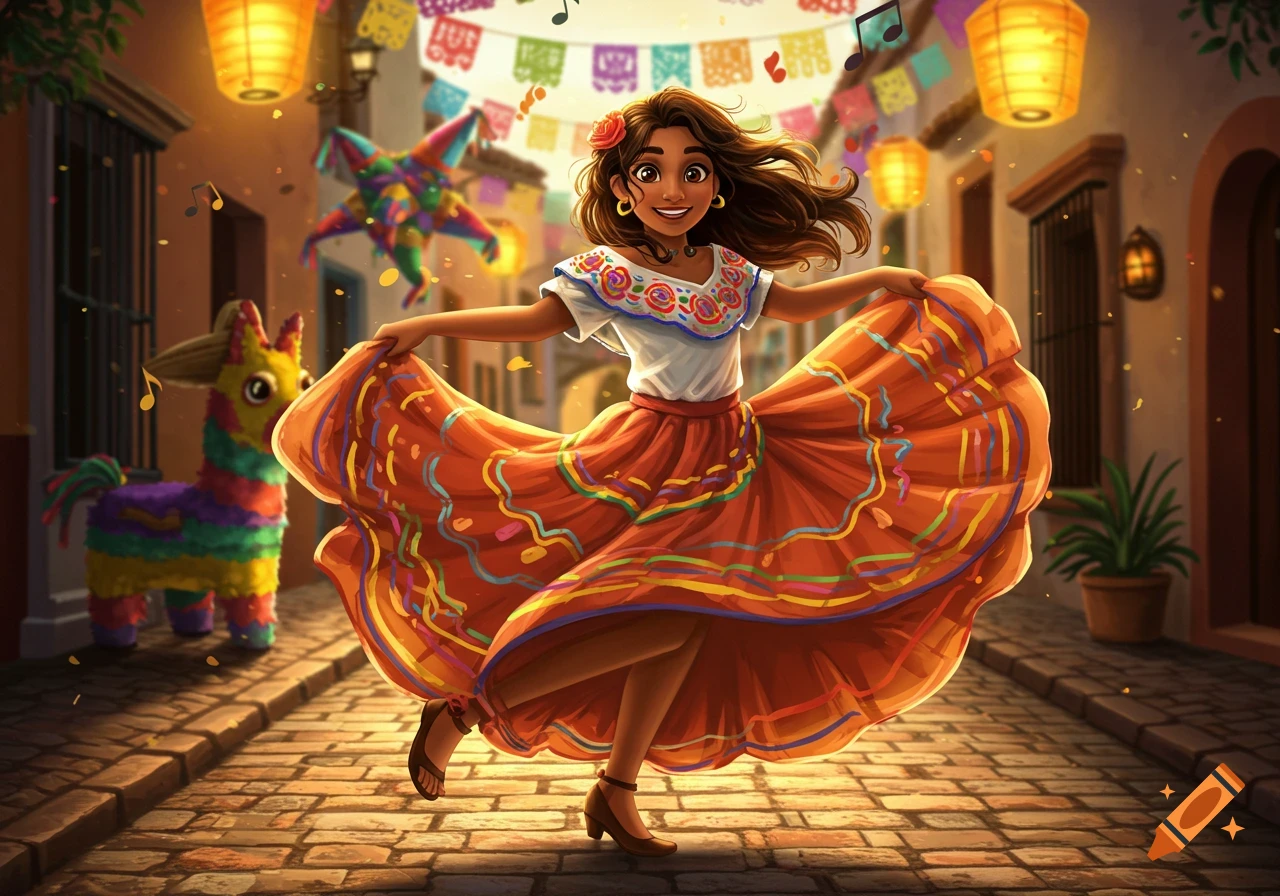 A smiling Hispanic girl dances in a vibrant orange dress on a festive street with piñatas and lanterns, in a cartoon style.