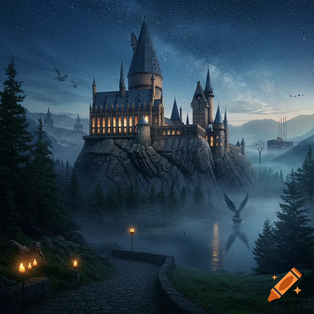 A grand fantasy castle, resembling Hogwarts, stands on a rocky cliff beside a misty lake under a starry night sky, with a lit path leading towards it.
