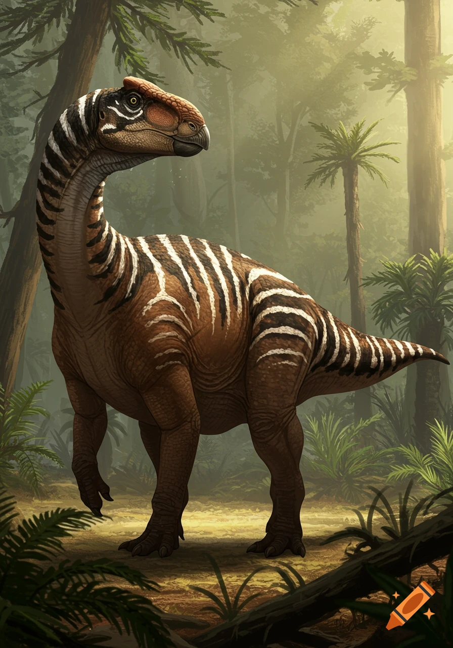 A striped Hadrosaurus dinosaur with numbat-like patterns stands in a lush, misty green jungle forest, in a realistic illustration.