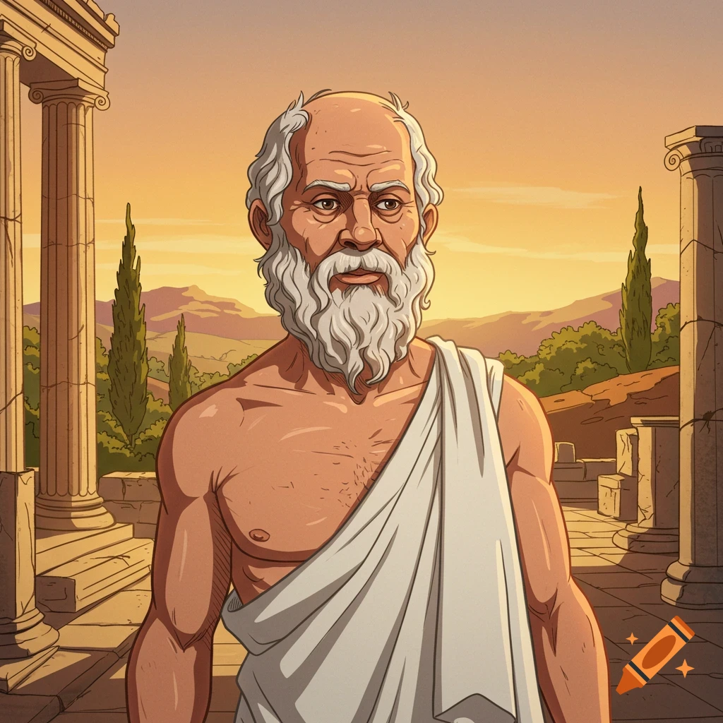 Illustrative portrait of ancient Greek philosopher Socrates in a toga, standing among ruins at sunset.