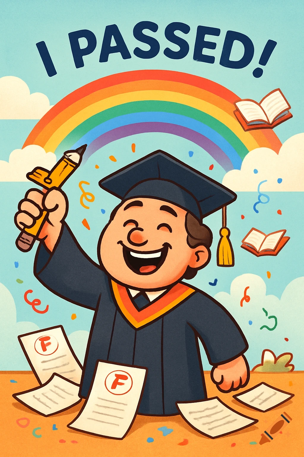 A smiling cartoon graduate in a cap and gown holds up a pencil, celebrating "I PASSED!" while surrounded by papers with 'F' grades, confetti, and a rainbow.