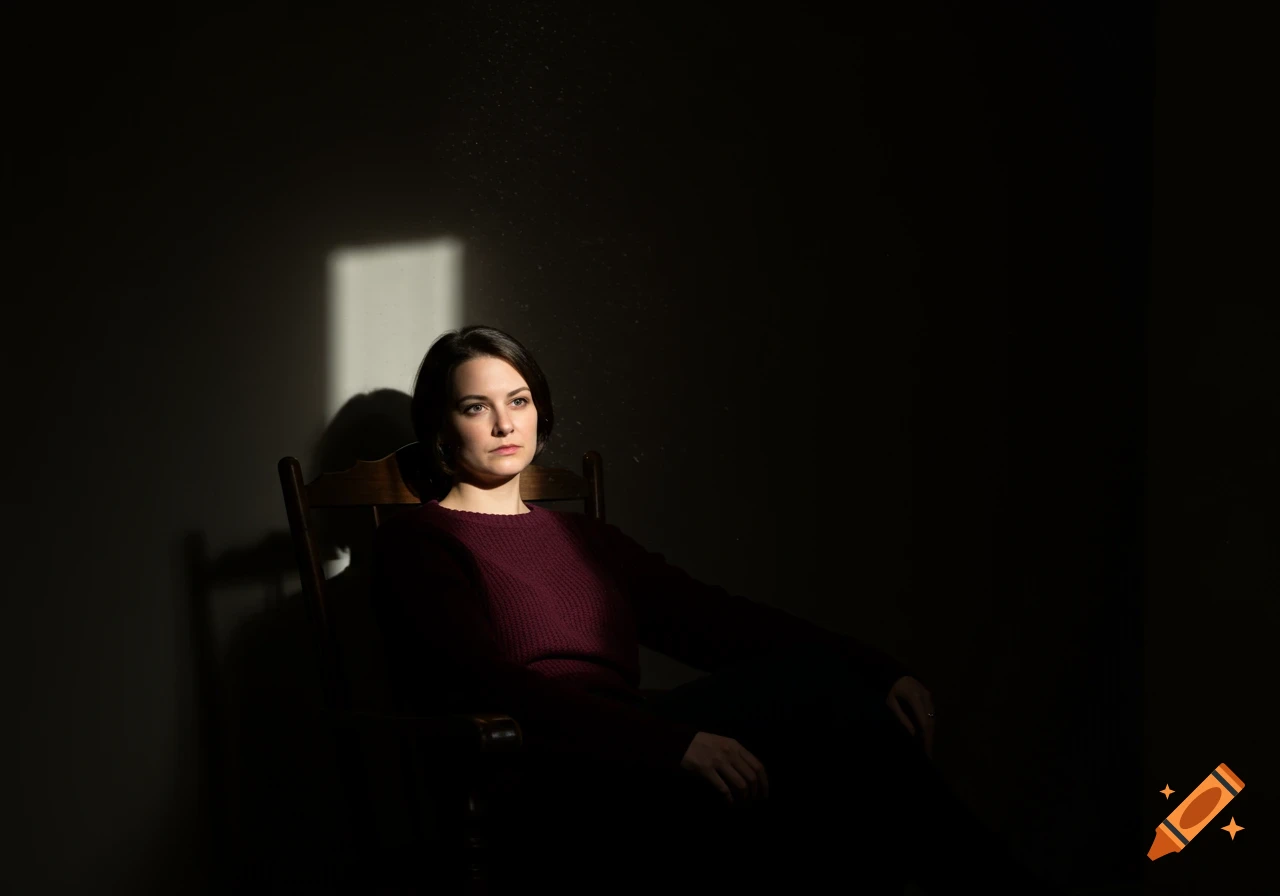 Photorealistic portrait of a woman in a burgundy sweater sitting in a chair, partially lit by a beam of sunlight in a dark room.
