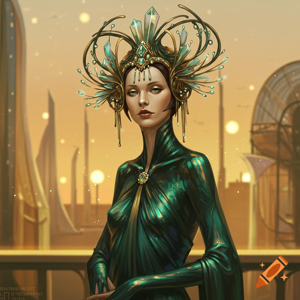 A woman with an elaborate crystal headpiece and metallic green dress in a futuristic city at sunset.