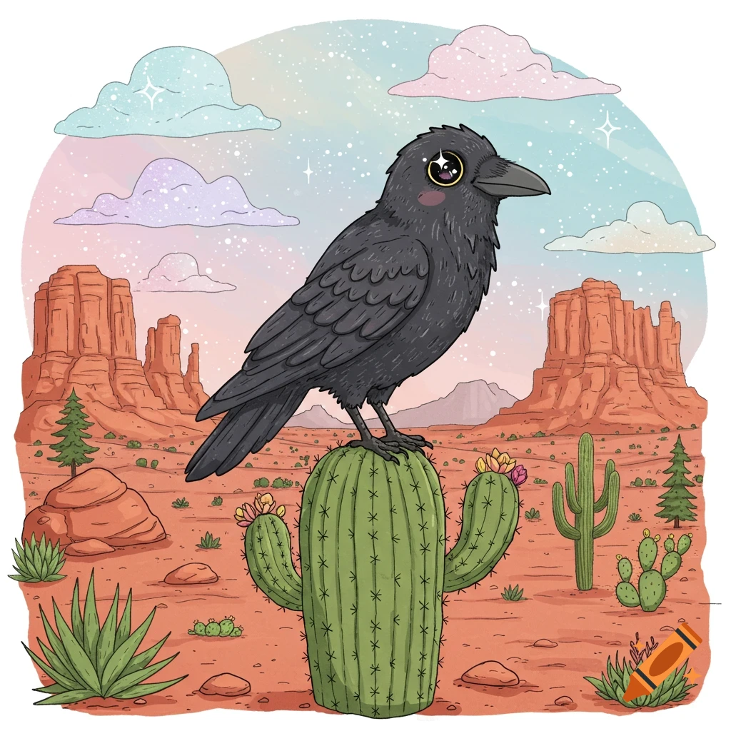 A cute black raven with sparkling eyes perches on a saguaro cactus in a whimsical desert with red rock formations and a pastel starry sky.