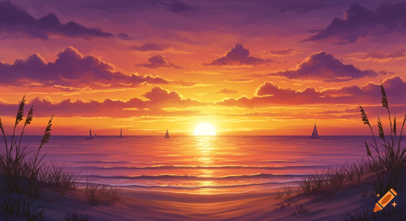Vibrant, painterly sunset over a calm ocean with sailboats on the horizon and beach grass in the foreground.