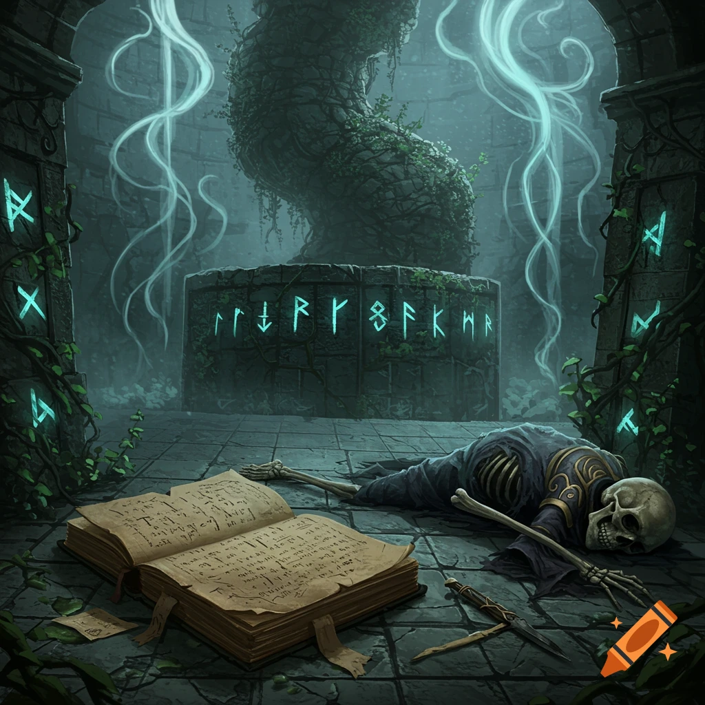 A skeleton in robes lies next to an open, old journal in a gloomy, rune-carved stone chamber with glowing wisps, fantasy art style.
