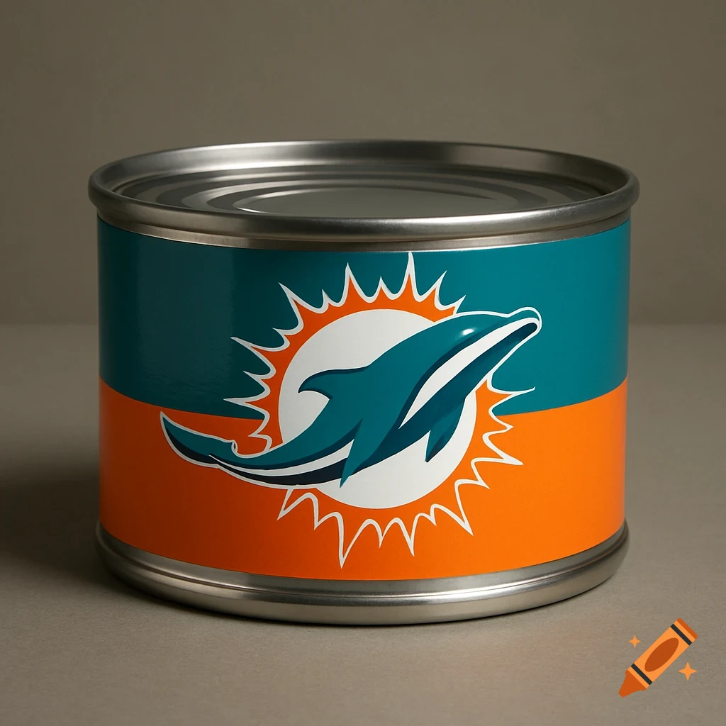 A tuna can with a label featuring the Miami Dolphins logo, a teal dolphin over an orange and white sunburst.