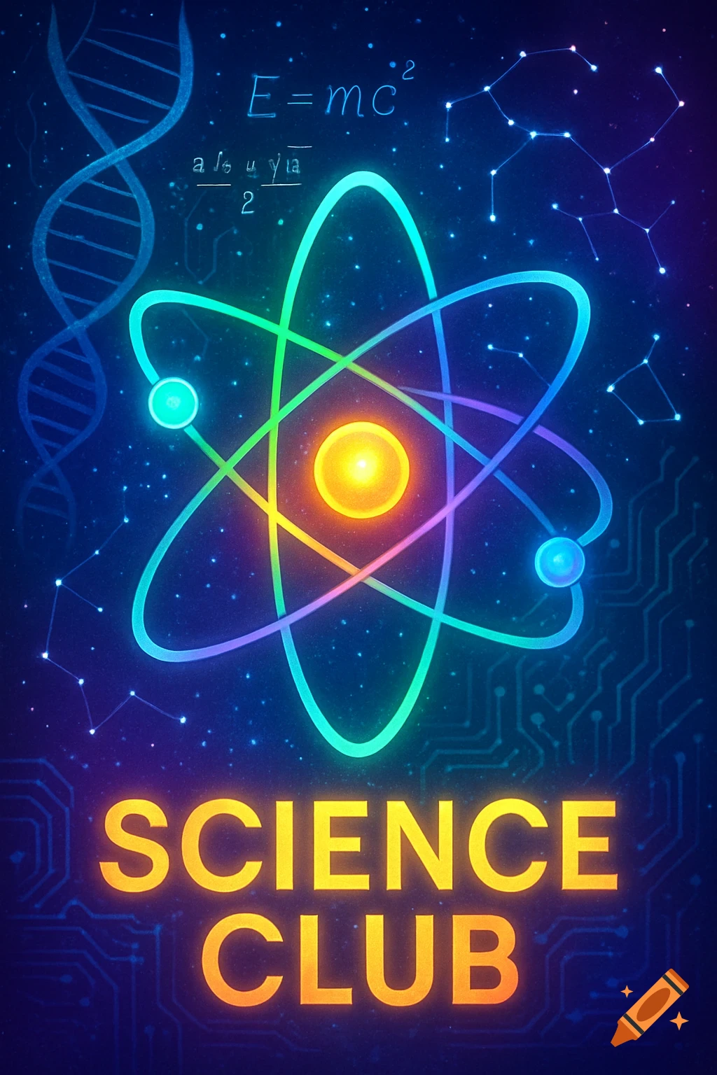 A vibrant science club poster featuring a stylized atom, DNA strand, constellations, circuit board patterns, and the glowing text "SCIENCE CLUB" on a dark blue background.