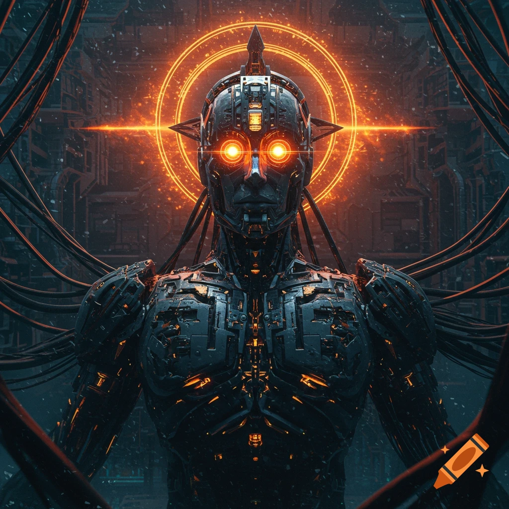 Close-up of a dark metallic robot with glowing orange eyes and a halo, surrounded by wires in a futuristic setting.