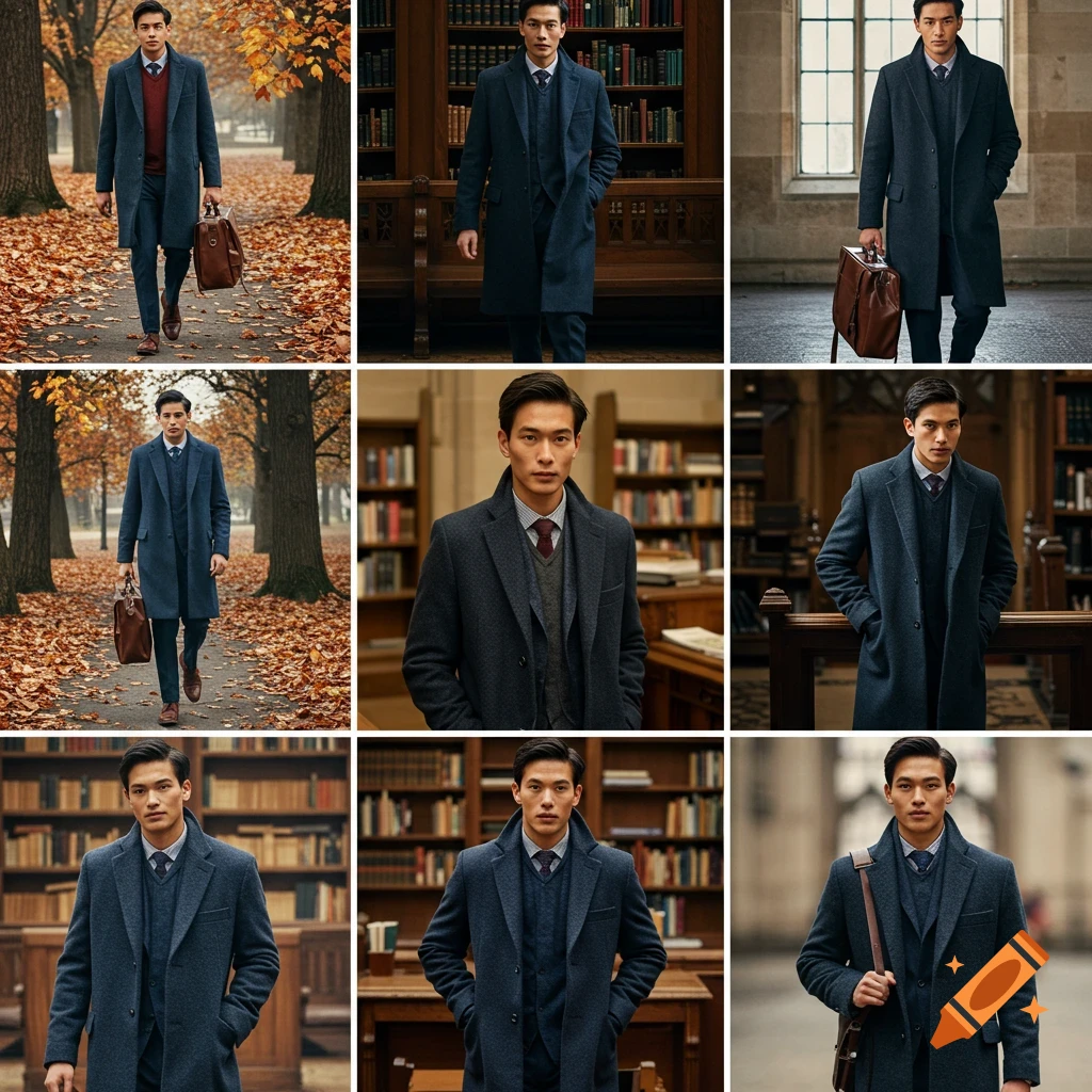 A collage of nine images featuring a male model wearing blue and grey long coats in autumn outdoor and library settings.