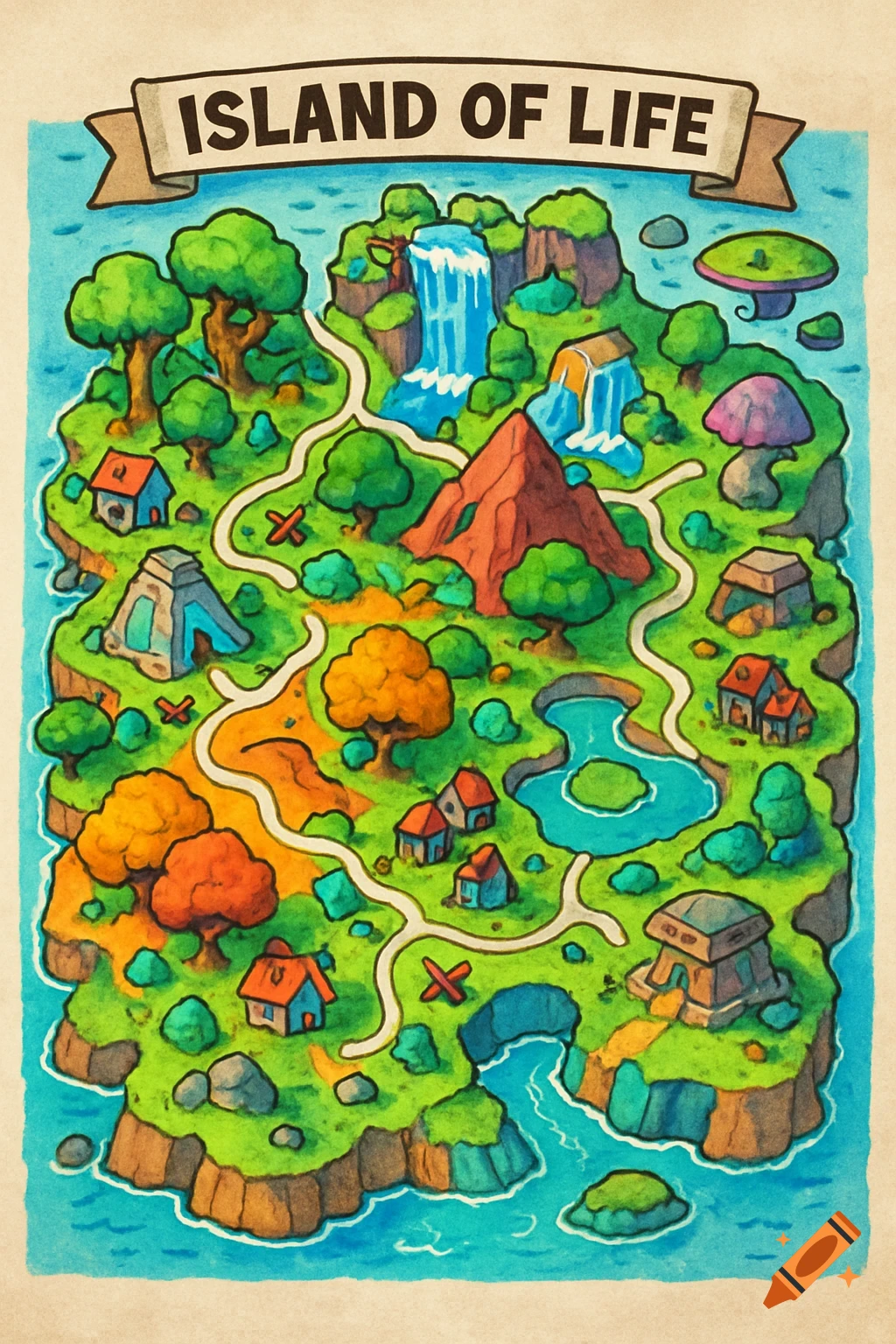 A colorful, hand-drawn cartoon map of a lush island with a banner across the top reading "ISLAND OF LIFE."