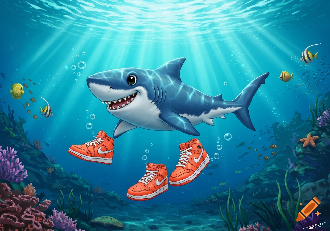 A cute cartoon baby shark swimming underwater, wearing bright orange Nike high-top sneakers, surrounded by fish and coral.