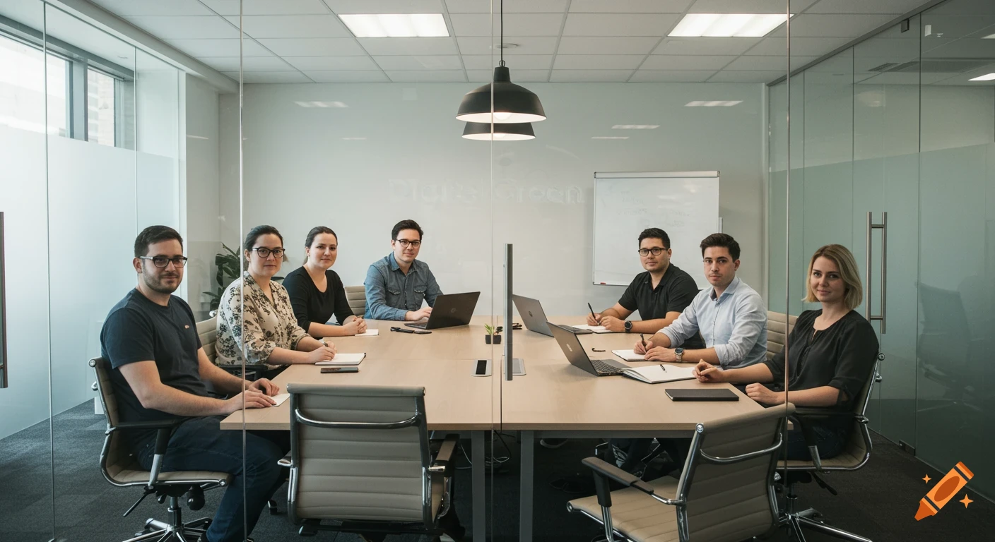Seven professionals (four men, three women) in a modern meeting room with laptops and notebooks on a large wooden table.