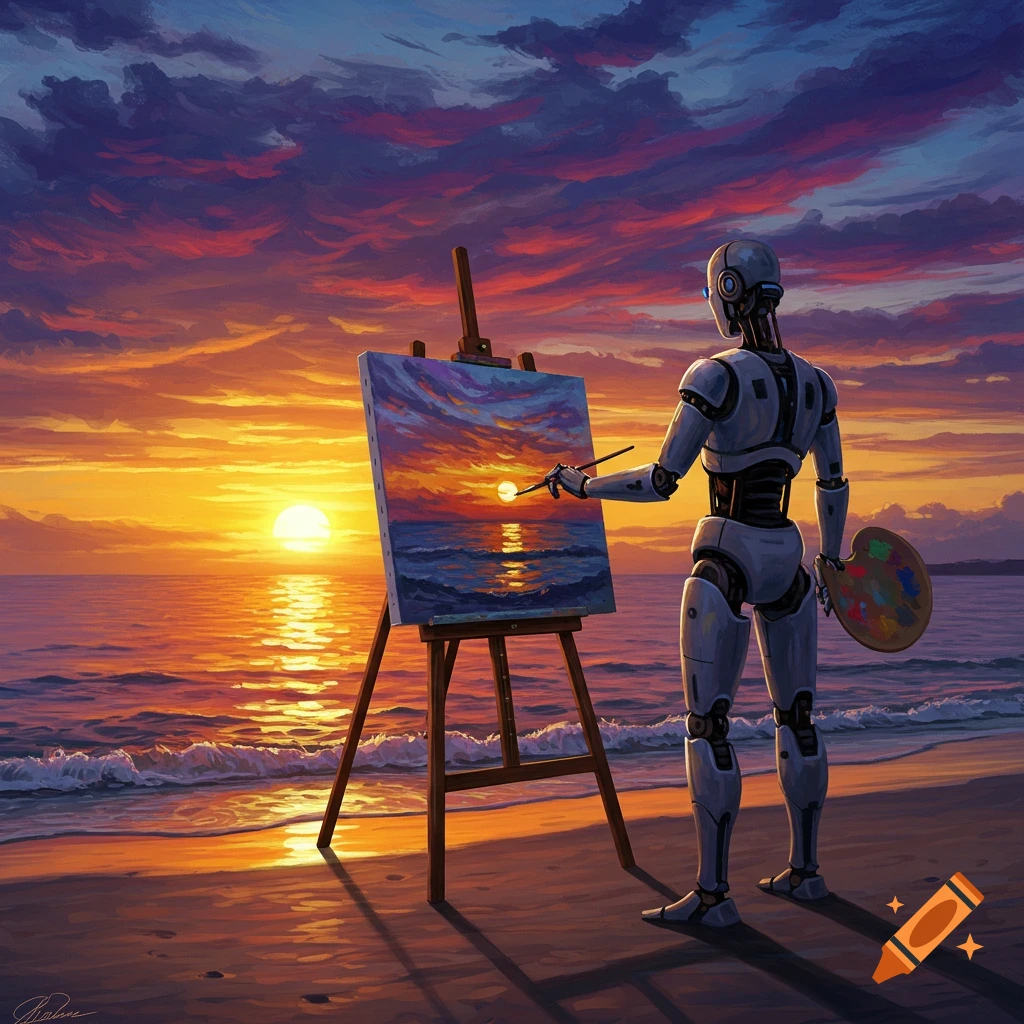A robot paints a vibrant sunset over the ocean on a beach, in a painterly style.