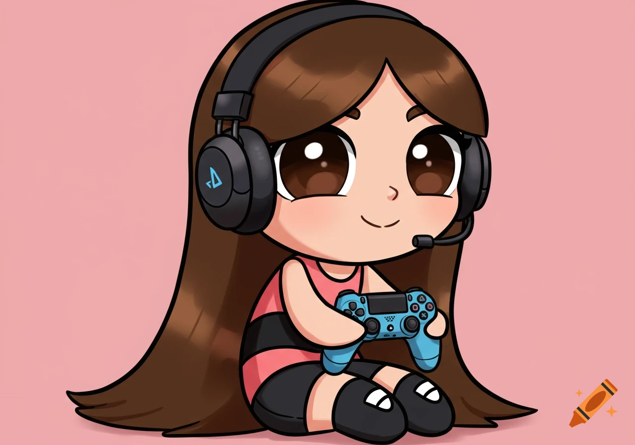 A cute Powerpuff Girls-style cartoon girl with brown hair, gaming headset, holding a PlayStation controller, on a pink background.