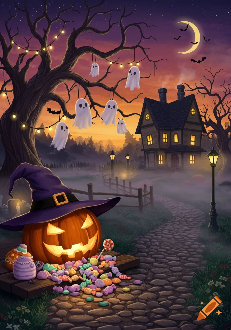 A whimsical Halloween scene: a jack-o'-lantern in a witch's hat, scattered candy, hanging ghosts, and a haunted house at sunset.
