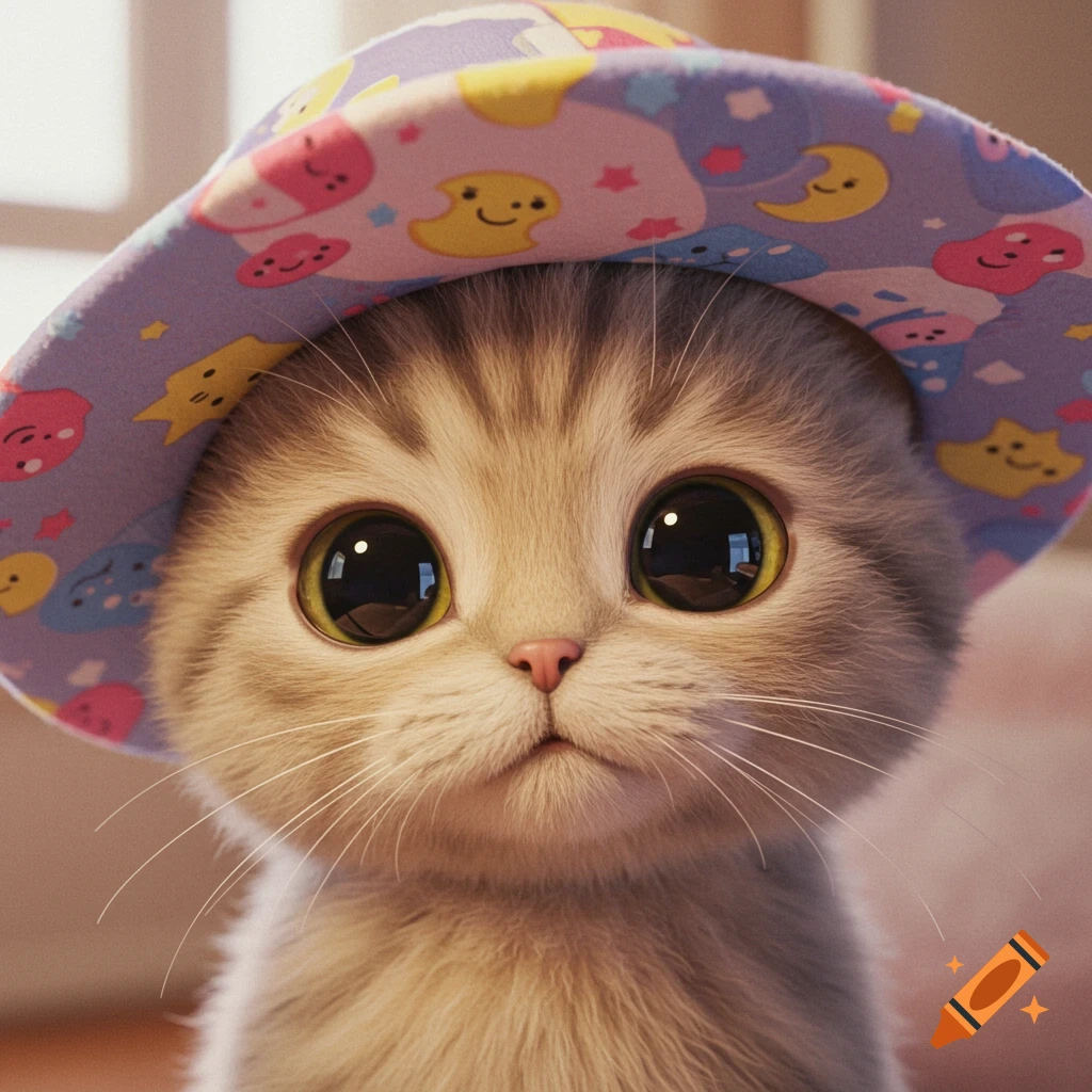 Close-up of a cute, large-eyed kitten wearing a light purple hat with colorful cartoon stars and moons, rendered in a cartoon-realistic style.