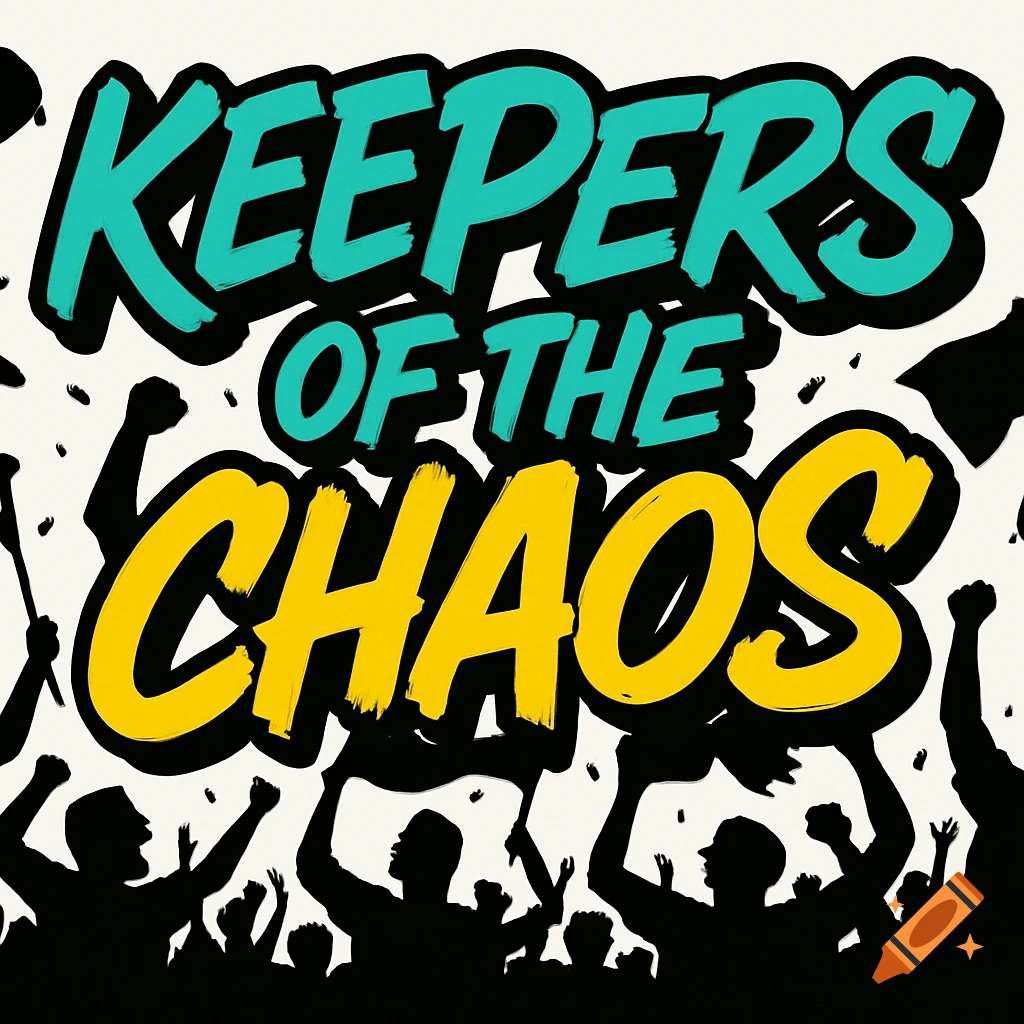 Bold text 'KEEPERS OF THE CHAOS' in turquoise and yellow, above black silhouettes of a cheering, flag-waving crowd.