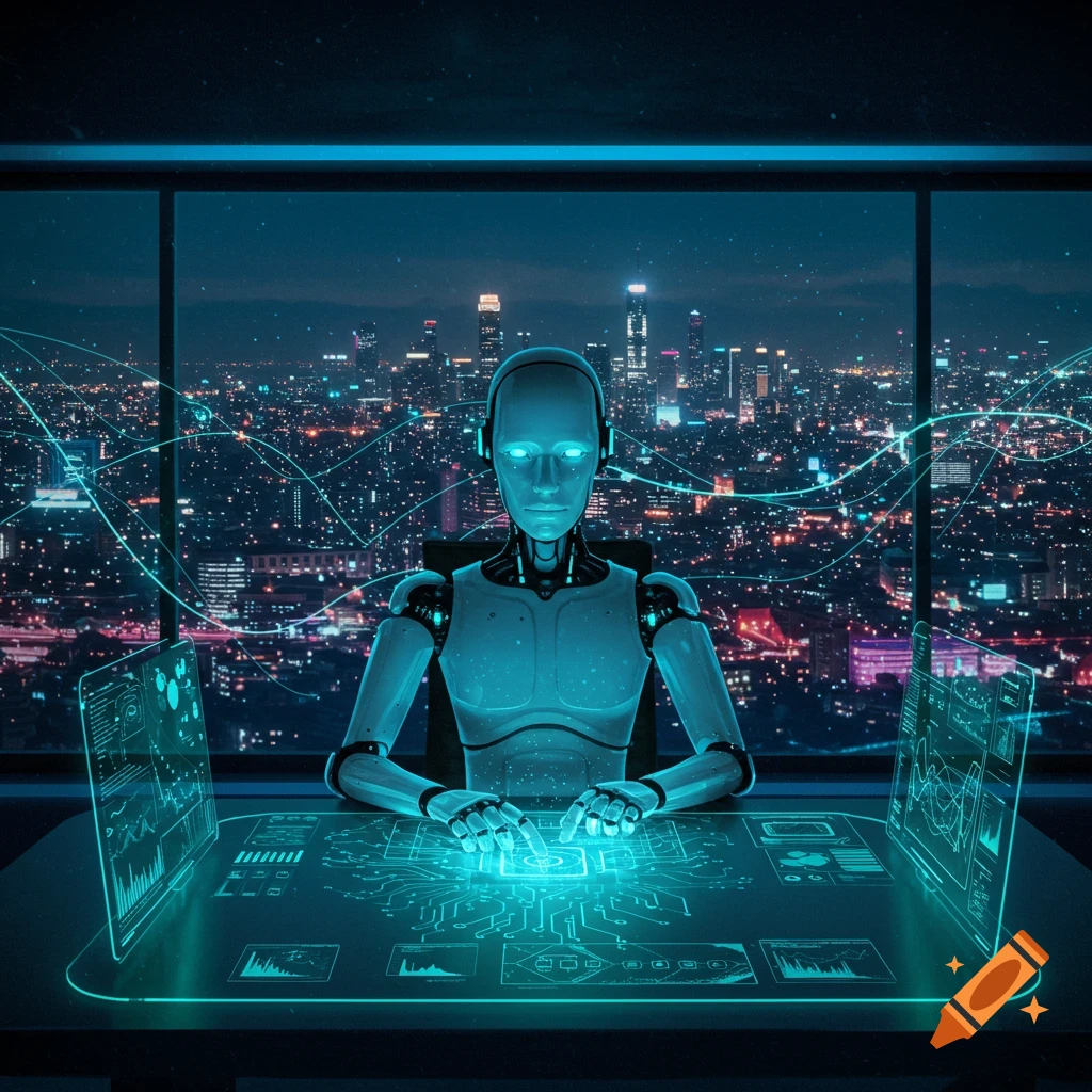 A humanoid robot sits at a glowing futuristic control panel, overlooking a neon-lit cyberpunk cityscape at night.